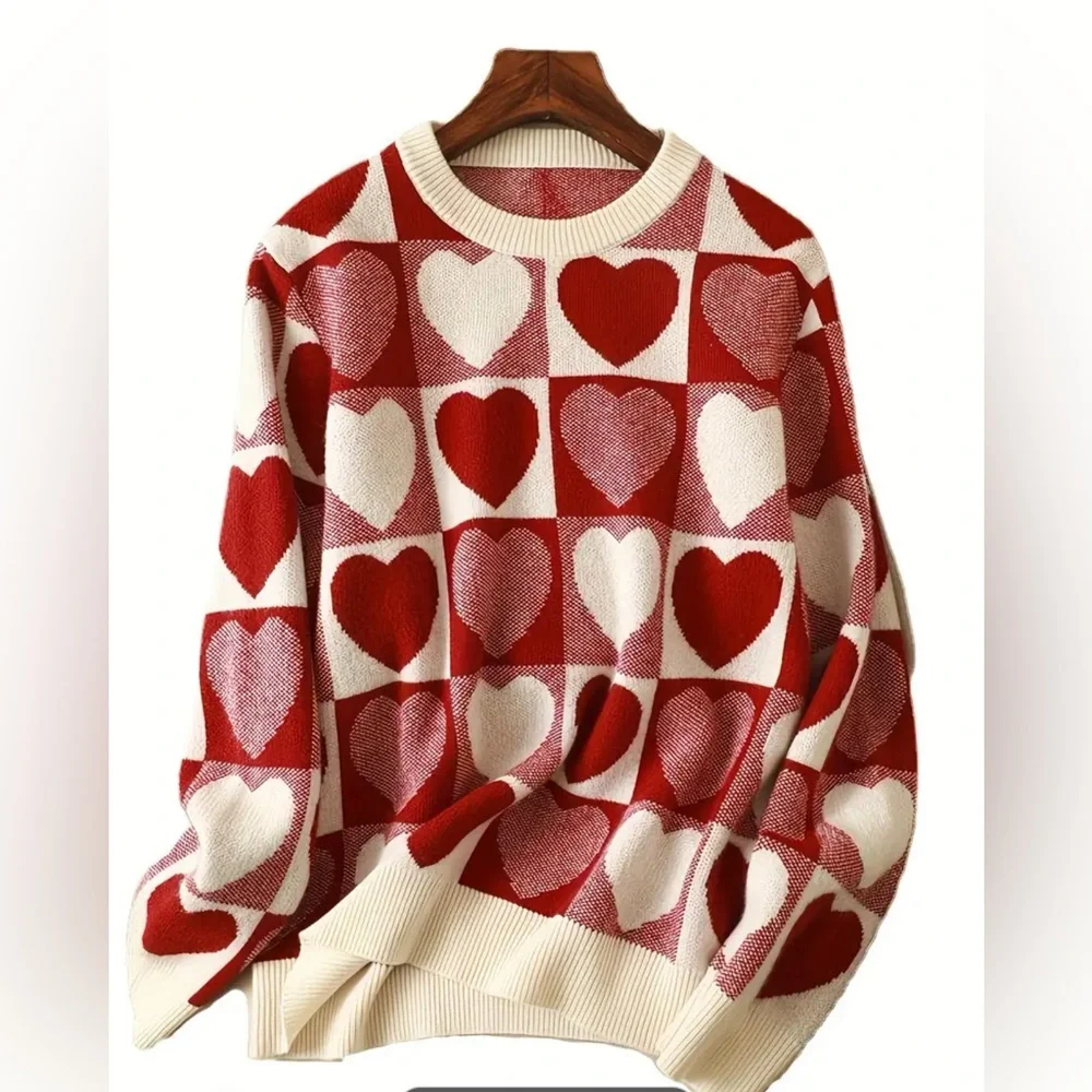 New Heart Pattern Knitted Pullover Sweater, Cotton Wool blend XL - Picture 4 of 12